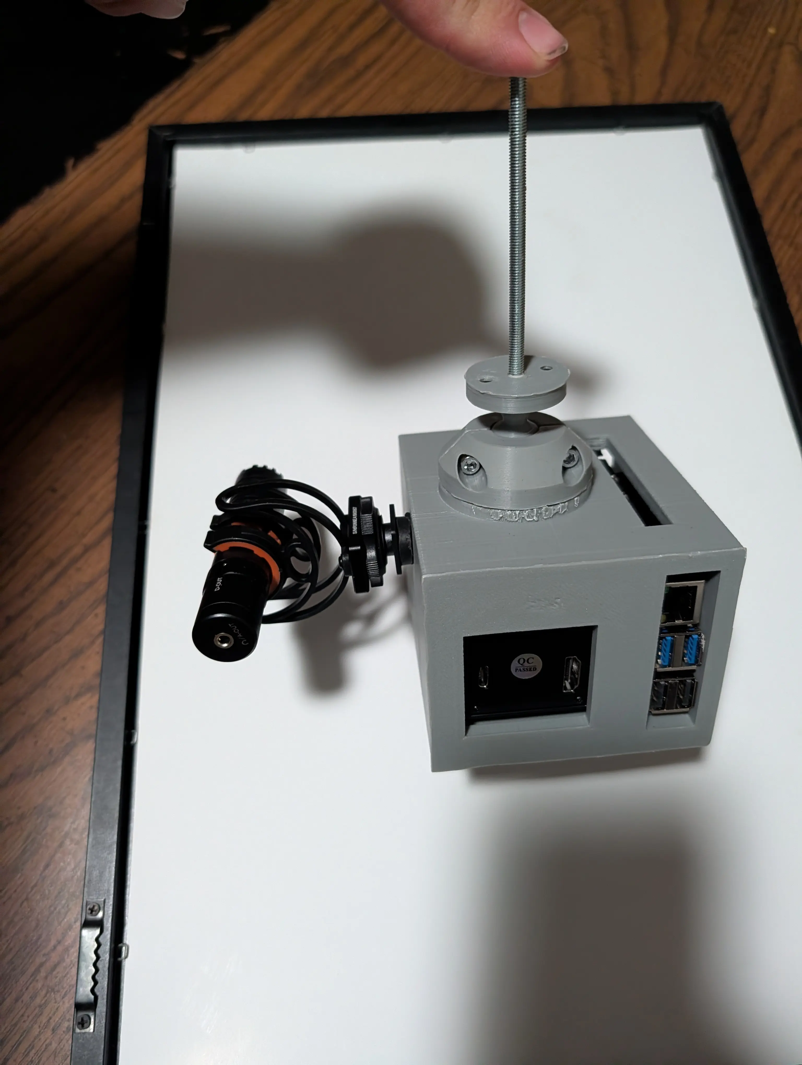 Close-up of the 3D-printed camera enclosure