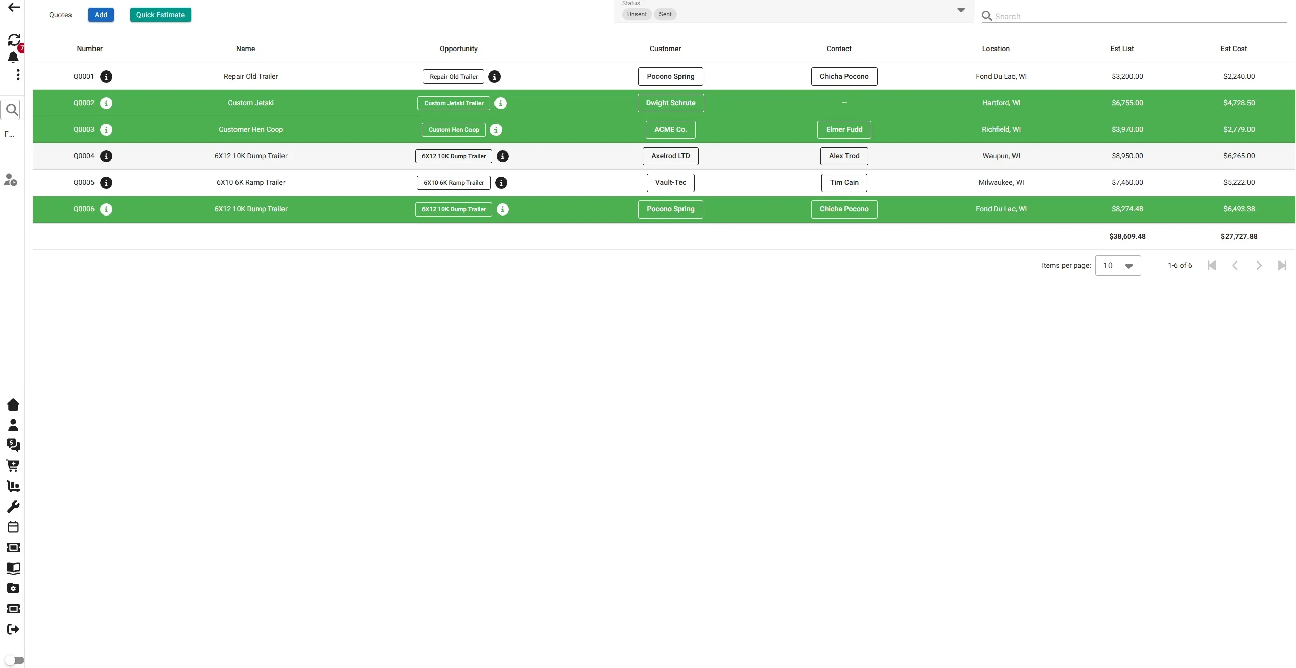 FullVue quotes list with customers and estimates