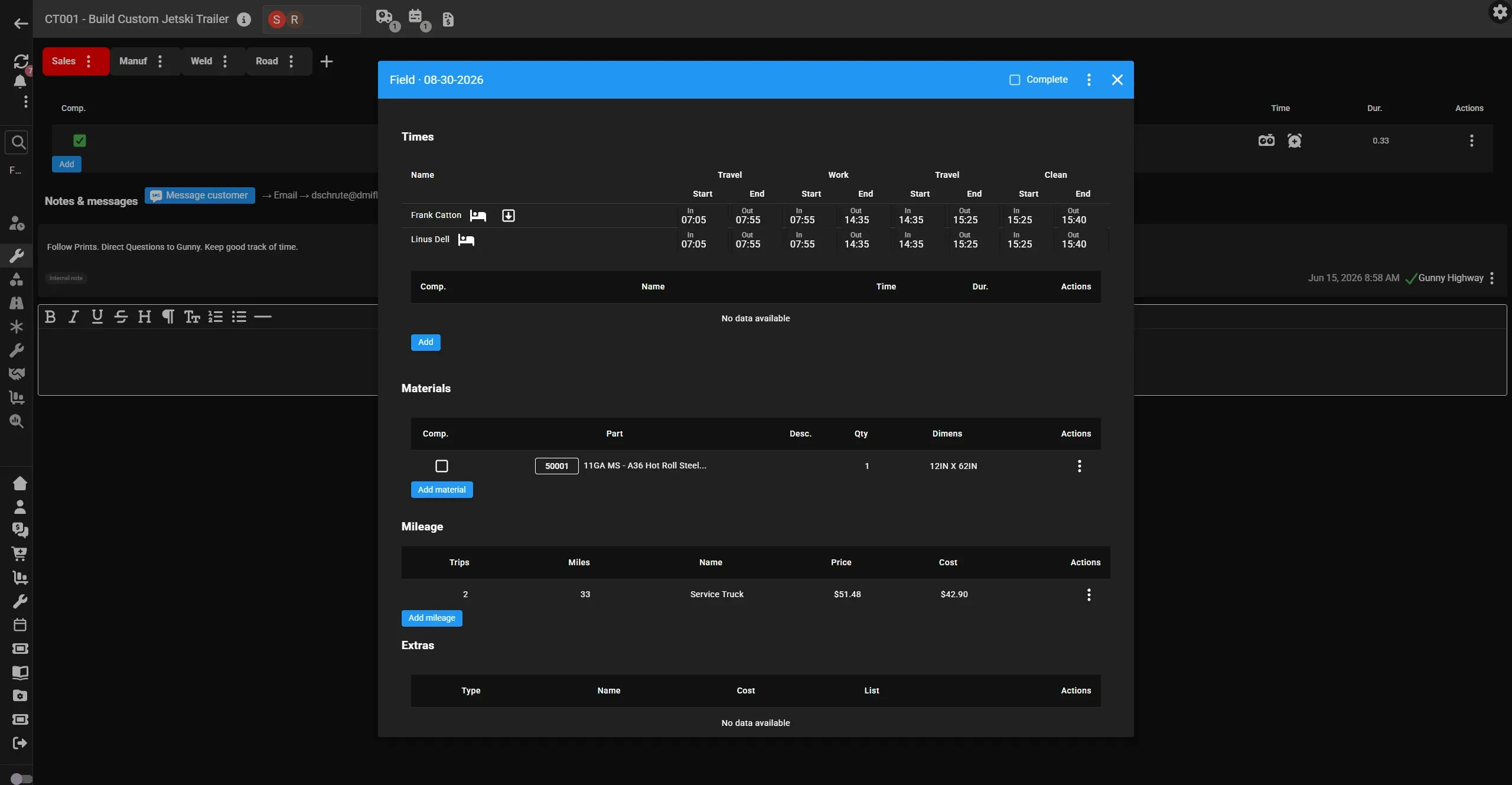 FullVue field module with times, materials, and mileage